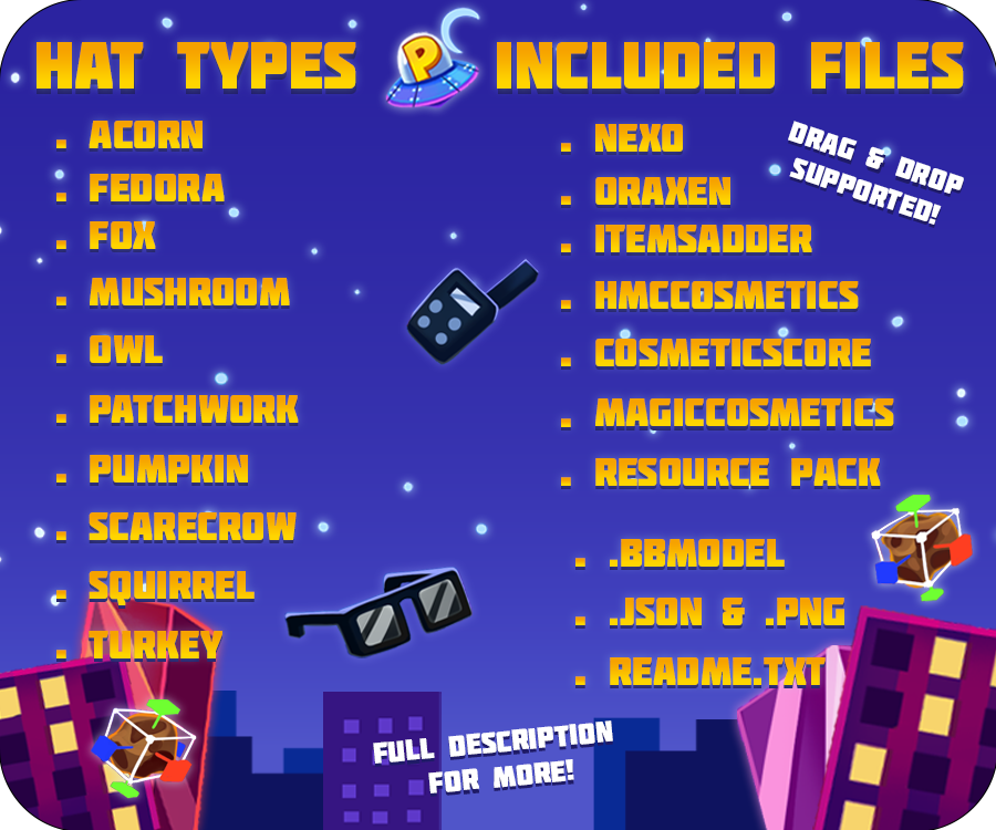 The hat types are acorn, fedora, fox, mushroom, owl, patchwork, pumpkin, scarecrow, squirrel, and turkey. The included files are nexo, oraxen, itemsadder, cosmeticscore, hcmccosmetics, magiccosmetics, resource pack, bbmodel, json, png, and readme.txt. Drag and drop is supported, and you can read the full description for more.