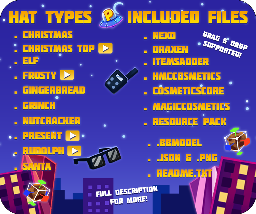 The hat types are Christmas, Christmas top, elf, frosty the snowman, gingerbread, grinch, nutcracker, present, rudolph, and santa. The included files are nexo, oraxen, itemsadder, cosmeticscore, hcmccosmetics, magiccosmetics, resource pack, bbmodel, json, png, and readme.txt. Drag and drop is supported, and you can read the full description for more.