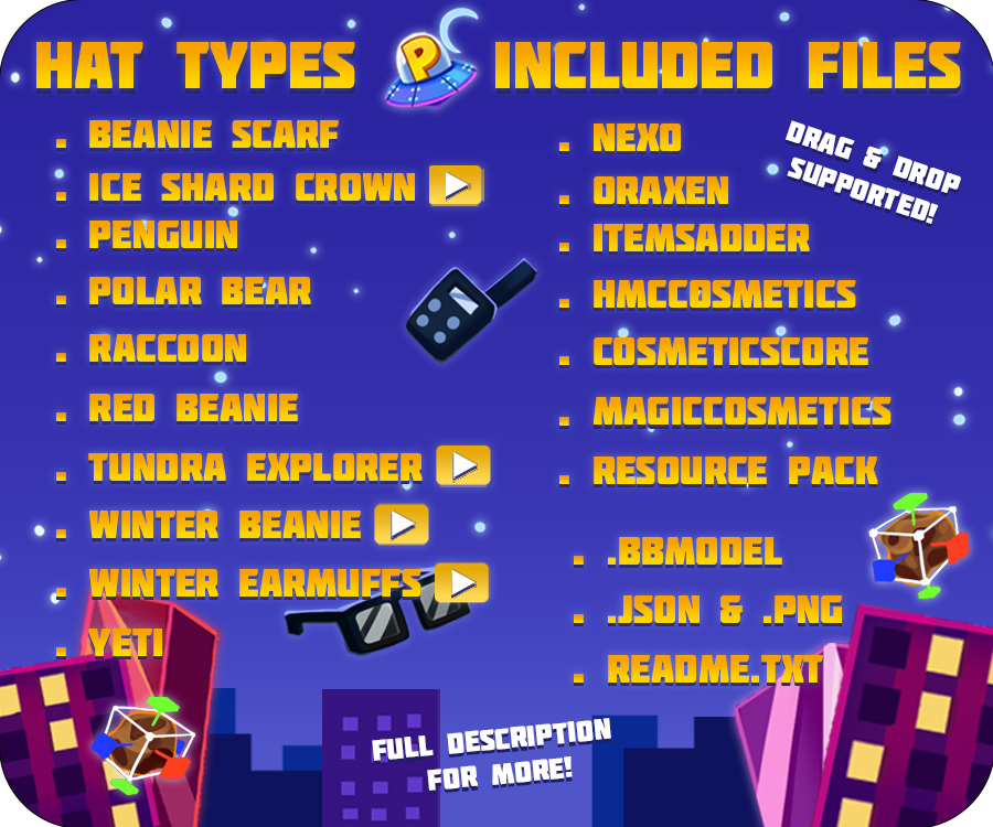 The hat types are beanie scarf, ice shard crown, penguin, polar bear, raccoon, red beanie, tundra explorer, winter beanie, winter earmuffs, and yeti. The included files are nexo, oraxen, itemsadder, cosmeticscore, hcmccosmetics, magiccosmetics, resource pack, bbmodel, json, png, and readme.txt. Drag and drop is supported, and you can read the full description for more.