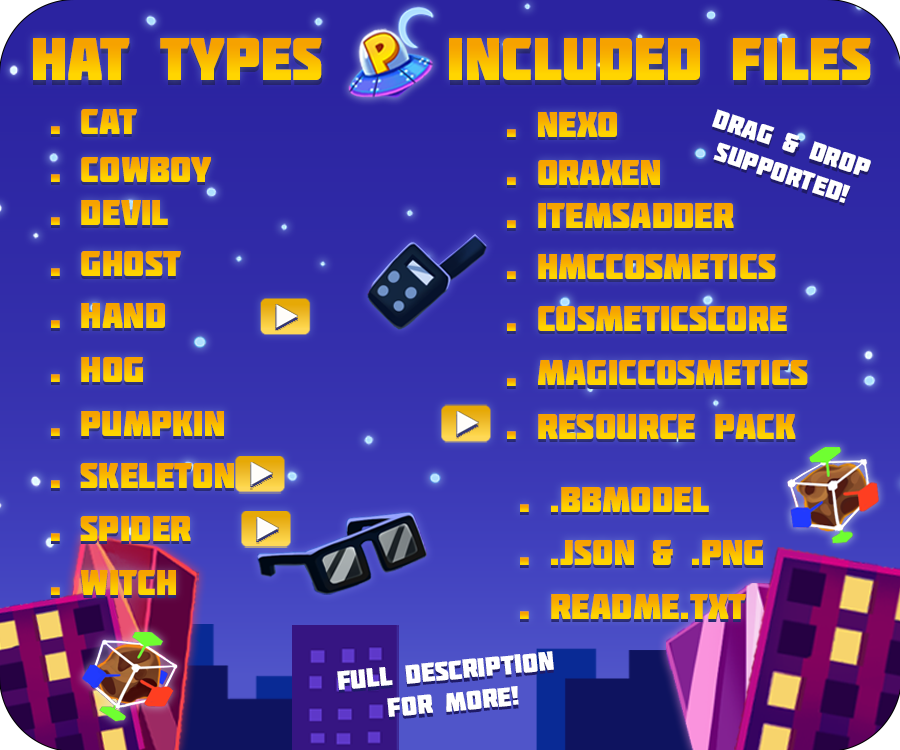 The hat types are halloween cat, cowboy, devil, ghost, hand, hog, pumpkin, skeleton, spider, and witch. The included files are nexo, oraxen, itemsadder, cosmeticscore, hcmccosmetics, magiccosmetics, resource pack, bbmodel, json, png, and readme.txt. Drag and drop is supported, and you can read the full description for more.